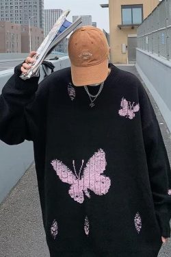 Y2K Retro Butterfly Distressed Knitted Sweater - Perfect for 90s and Grunge Outfits