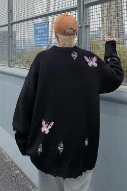 Y2K Retro Butterfly Distressed Knitted Sweater - Perfect for 90s and Grunge Outfits