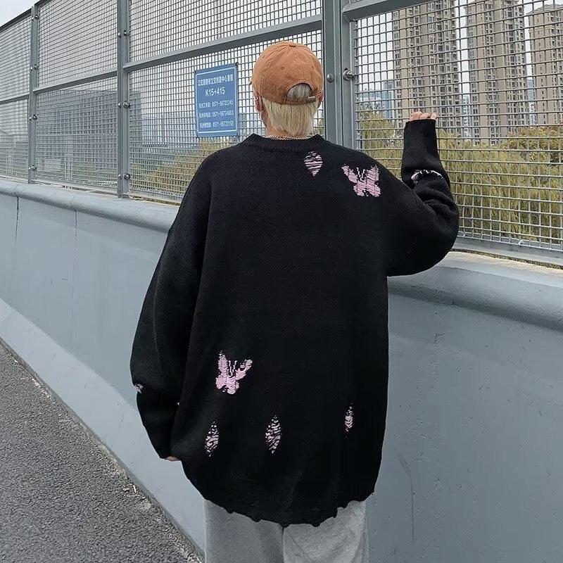 Y2K Retro Butterfly Distressed Knitted Sweater - Perfect for 90s and Grunge Outfits