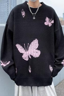 Y2K Retro Butterfly Distressed Knitted Sweater - Perfect for 90s and Grunge Outfits
