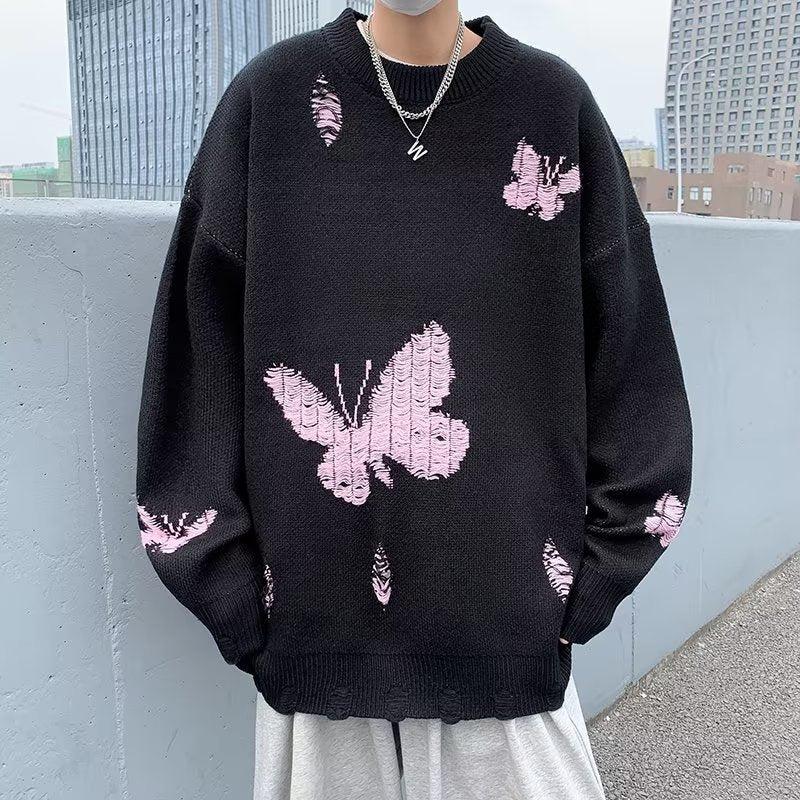 Y2K Retro Butterfly Distressed Knitted Sweater - Perfect for 90s and Grunge Outfits