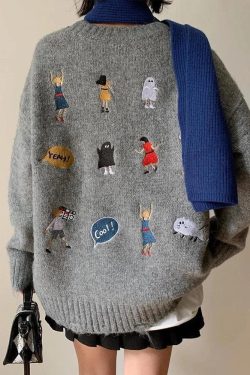 Y2K Retro Cartoon Embroidered Knitted Sweater - Perfect for 90s and Y2K Fashion Outfits