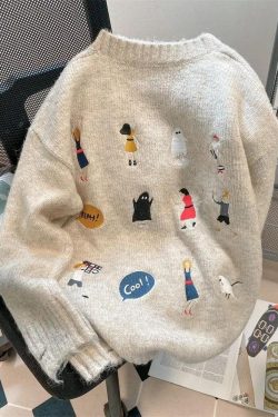 Y2K Retro Cartoon Embroidered Knitted Sweater - Perfect for 90s and Y2K Fashion Outfits