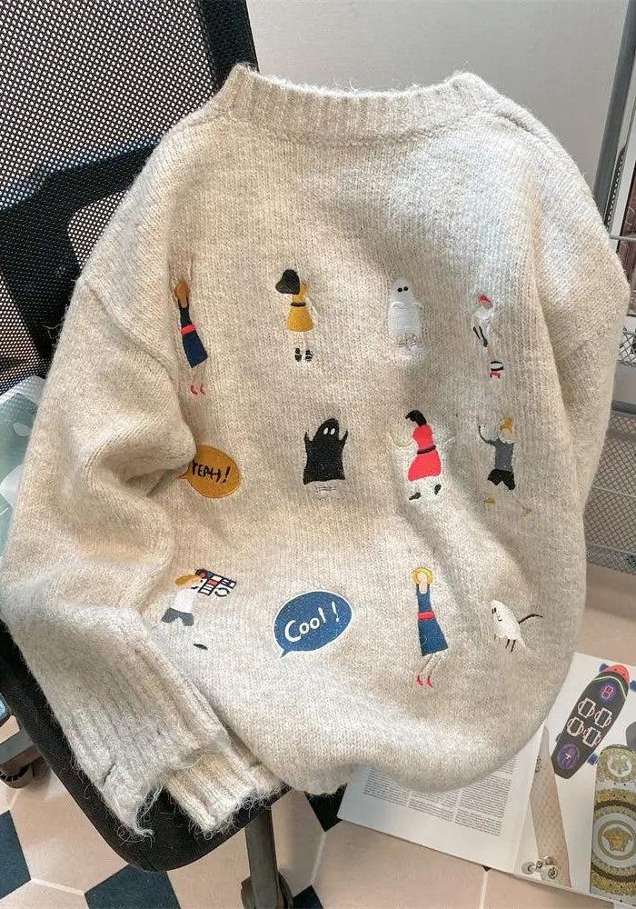 Y2K Retro Cartoon Embroidered Knitted Sweater - Perfect for 90s and Y2K Fashion Outfits