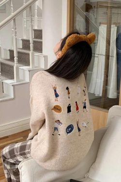 Y2K Retro Cartoon Embroidered Knitted Sweater - Perfect for 90s and Y2K Fashion Outfits