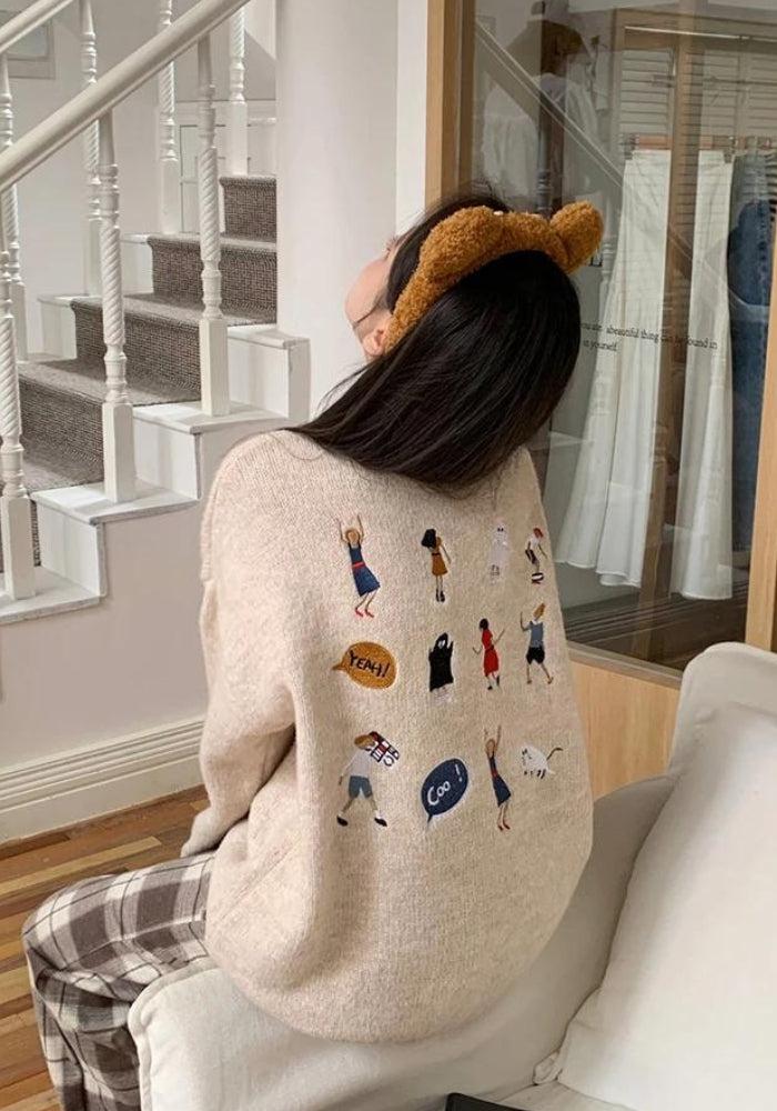 Y2K Retro Cartoon Embroidered Knitted Sweater - Perfect for 90s and Y2K Fashion Outfits