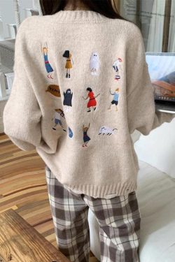 Y2K Retro Cartoon Embroidered Knitted Sweater - Perfect for 90s and Y2K Fashion Outfits