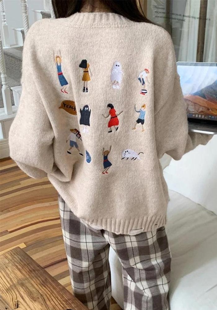 Y2K Retro Cartoon Embroidered Knitted Sweater - Perfect for 90s and Y2K Fashion Outfits