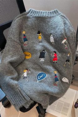 Y2K Retro Cartoon Embroidered Knitted Sweater - Perfect for 90s and Y2K Fashion Outfits