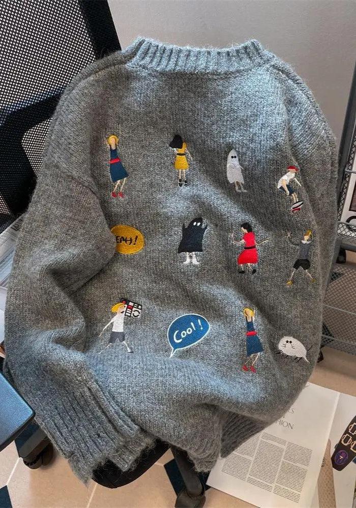 Y2K Retro Cartoon Embroidered Knitted Sweater - Perfect for 90s and Y2K Fashion Outfits
