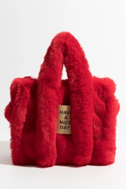 Y2K Retro Fluffy Faux Fur Tote Bag - Perfect for 90s and Y2K Fashion Outfits