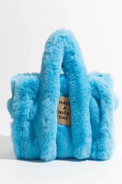 Y2K Retro Fluffy Faux Fur Tote Bag - Perfect for 90s and Y2K Fashion Outfits