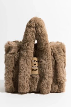 Y2K Retro Fluffy Faux Fur Tote Bag - Perfect for 90s and Y2K Fashion Outfits