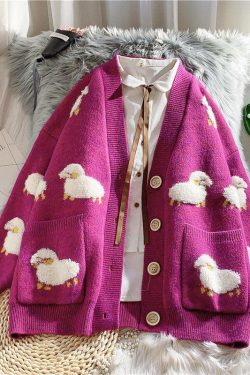 Y2K Retro Sheep Embroidery Knitted Cardigan - Perfect for 90s and Grunge Outfits