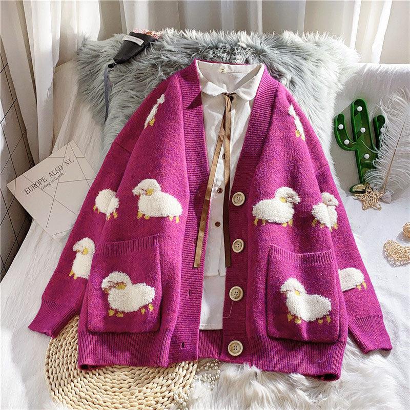 Y2K Retro Sheep Embroidery Knitted Cardigan - Perfect for 90s and Grunge Outfits