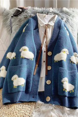 Y2K Retro Sheep Embroidery Knitted Cardigan - Perfect for 90s and Grunge Outfits