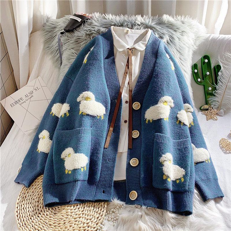 Y2K Retro Sheep Embroidery Knitted Cardigan - Perfect for 90s and Grunge Outfits