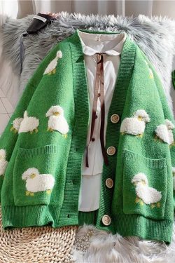 Y2K Retro Sheep Embroidery Knitted Cardigan - Perfect for 90s and Grunge Outfits