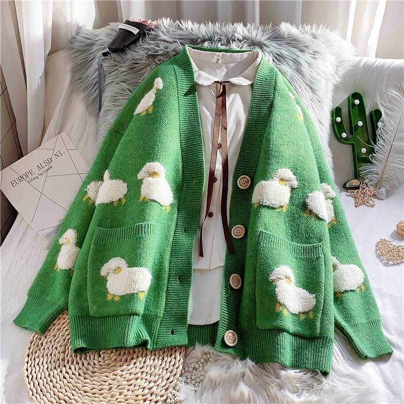 Y2K Retro Sheep Embroidery Knitted Cardigan - Perfect for 90s and Grunge Outfits