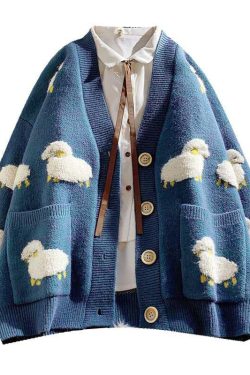 Y2K Retro Sheep Embroidery Knitted Cardigan - Perfect for 90s and Grunge Outfits