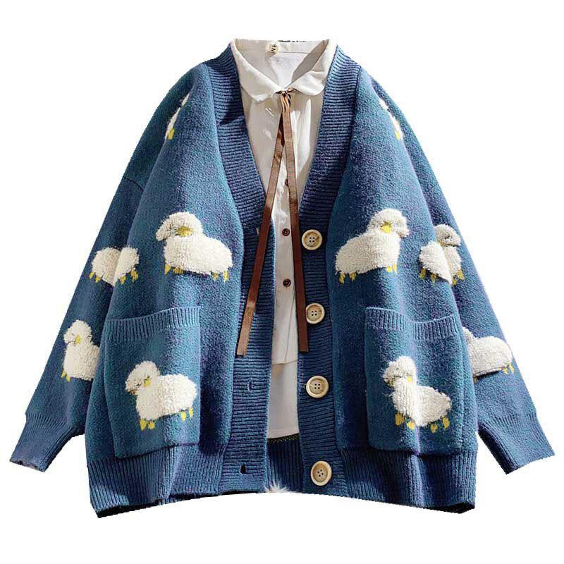 Y2K Retro Sheep Embroidery Knitted Cardigan - Perfect for 90s and Grunge Outfits