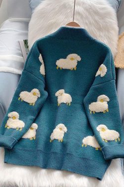 Y2K Retro Sheep Embroidery Knitted Cardigan - Perfect for 90s and Grunge Outfits
