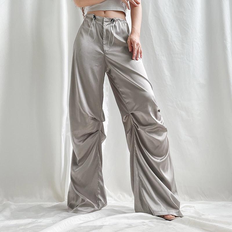 Y2K Satin Wide Leg Pants - Retro 90s Fashion Grunge Outfit