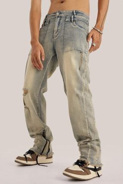 Y2K Slim Leg Ripped Jeans - Retro 90s Grunge Style Denim for Trendy Outfits