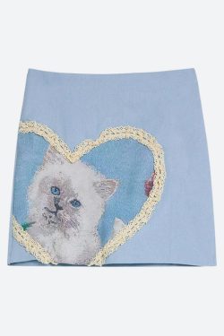 Y2K Soft Girl Cat Heart Mini Skirt - Retro 90s Fashion Grunge Outfit