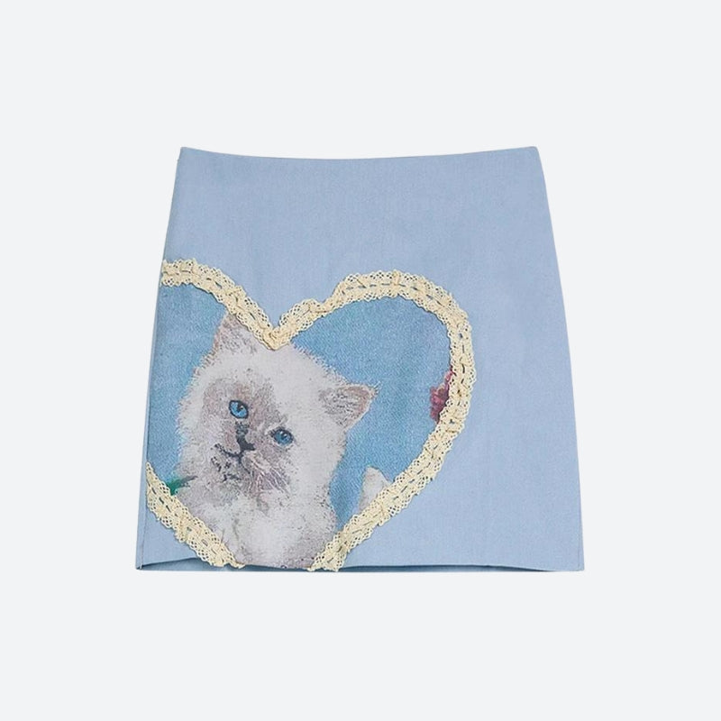 Y2K Soft Girl Cat Heart Mini Skirt - Retro 90s Fashion Grunge Outfit