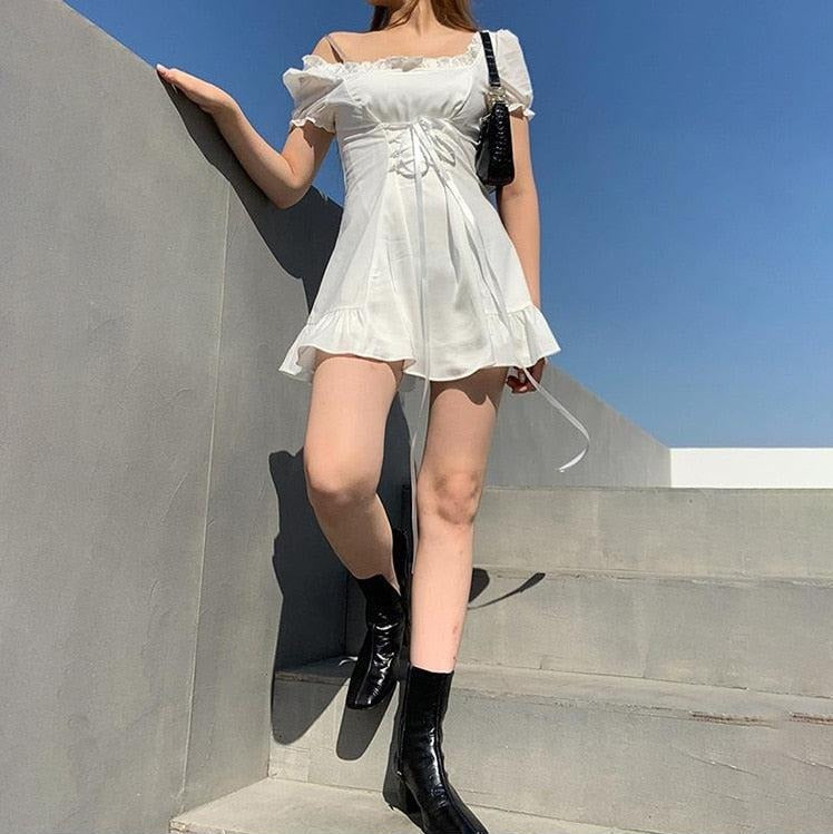 Y2K Soft Girl Lace Up Mini Dress - Retro 90s Fashion Douyin Style