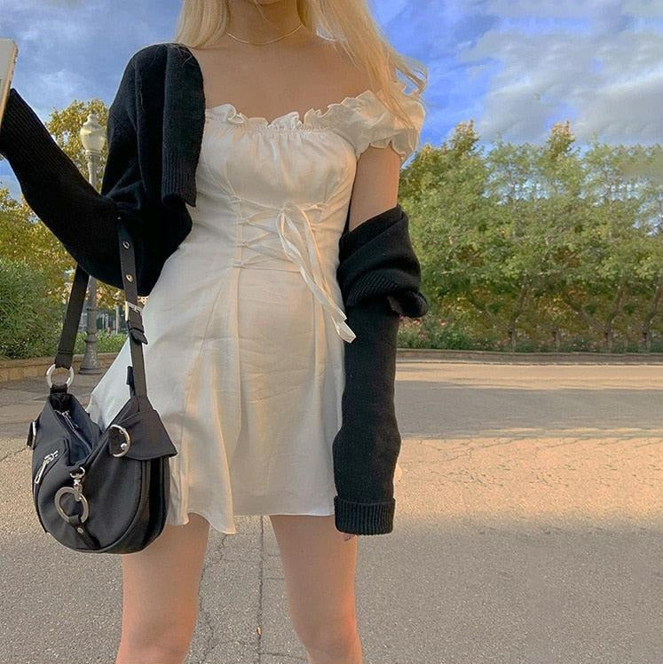 Y2K Soft Girl Lace Up Mini Dress - Retro 90s Fashion Douyin Style