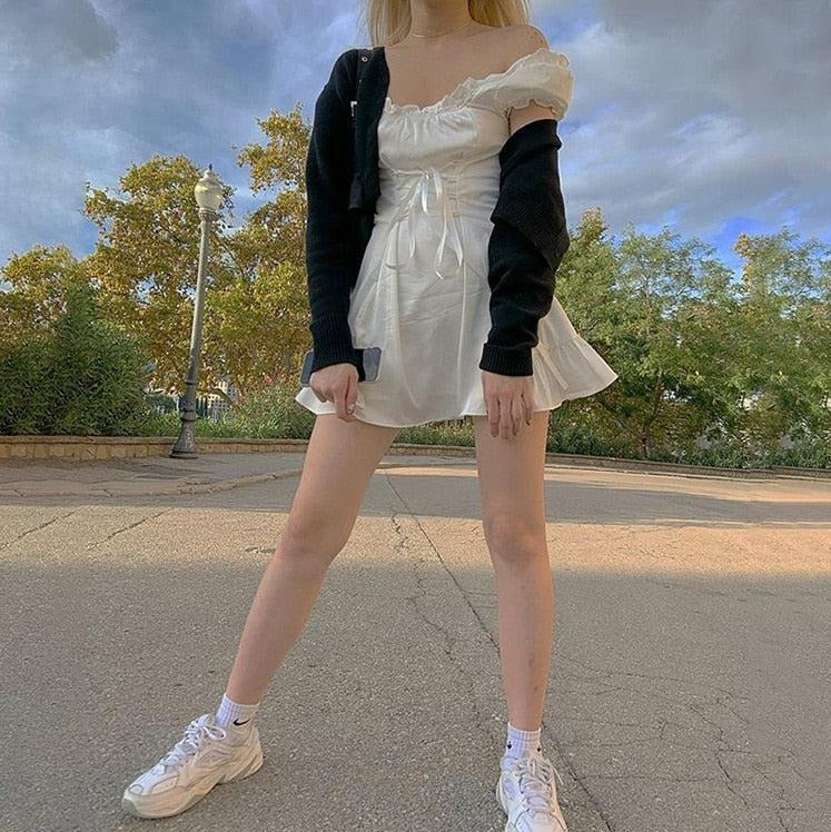 Y2K Soft Girl Lace Up Mini Dress - Retro 90s Fashion Douyin Style