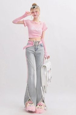 Y2K Soft Girl Lace Up Slit Flare Jeans - Retro 90s Fashion Y2K Outfits