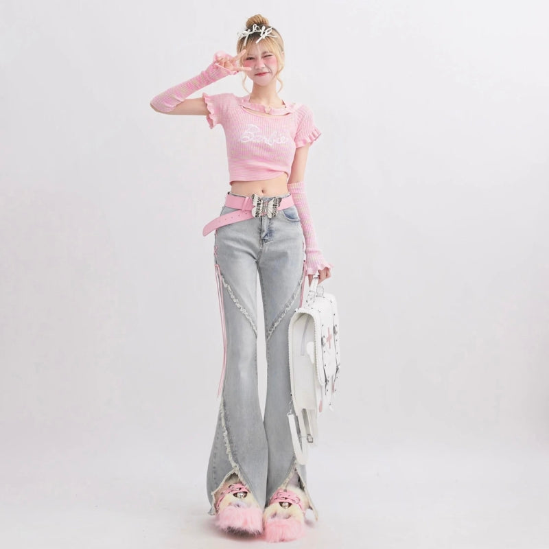 Y2K Soft Girl Lace Up Slit Flare Jeans - Retro 90s Fashion Y2K Outfits