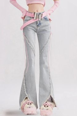 Y2K Soft Girl Lace Up Slit Flare Jeans - Retro 90s Fashion Y2K Outfits