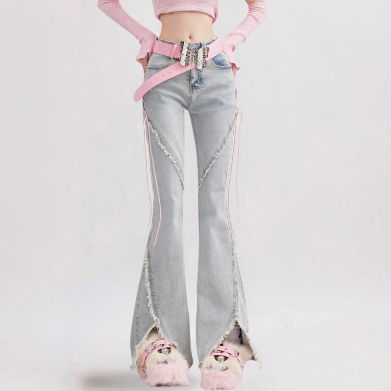 Y2K Soft Girl Lace Up Slit Flare Jeans - Retro 90s Fashion Y2K Outfits