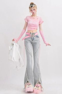 Y2K Soft Girl Lace Up Slit Flare Jeans - Retro 90s Fashion Y2K Outfits