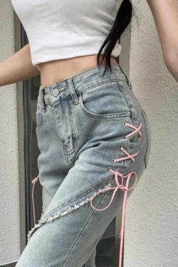 Y2K Soft Girl Lace Up Slit Flare Jeans - Retro 90s Fashion Y2K Outfits