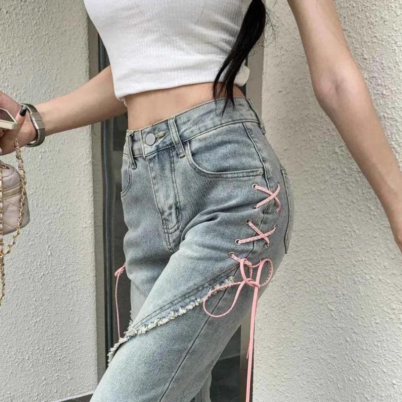Y2K Soft Girl Lace Up Slit Flare Jeans - Retro 90s Fashion Y2K Outfits