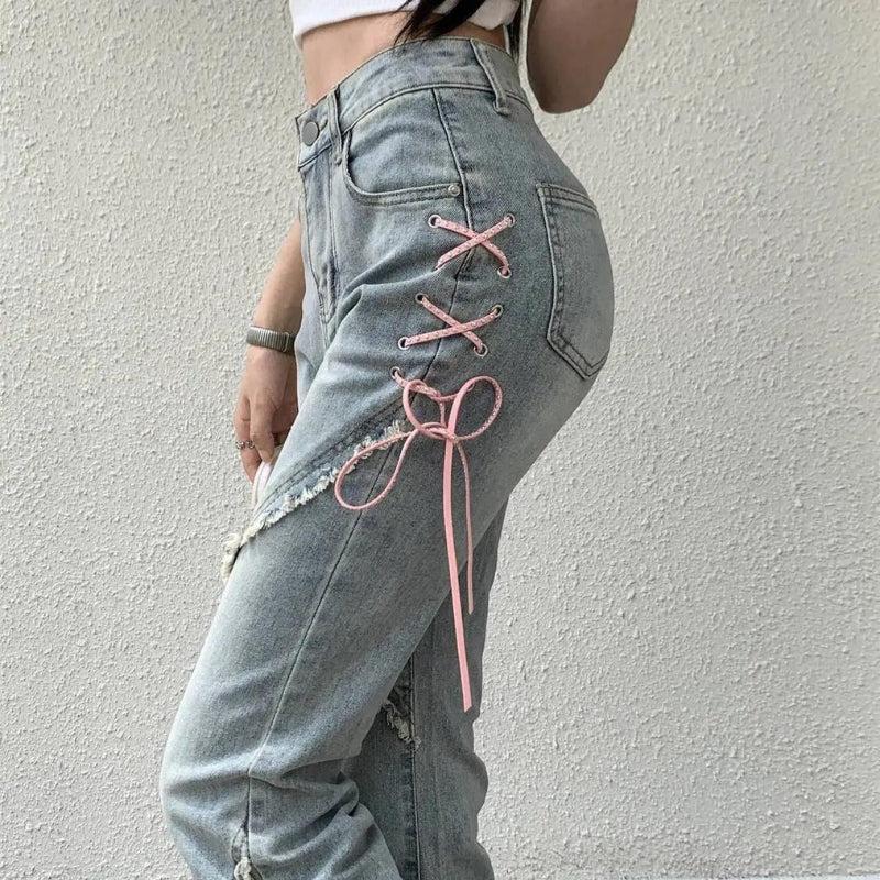 Y2K Soft Girl Lace Up Slit Flare Jeans - Retro 90s Fashion Y2K Outfits