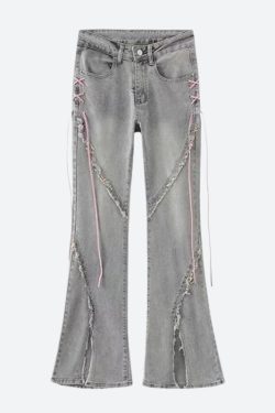 Y2K Soft Girl Lace Up Slit Flare Jeans - Retro 90s Fashion Y2K Outfits