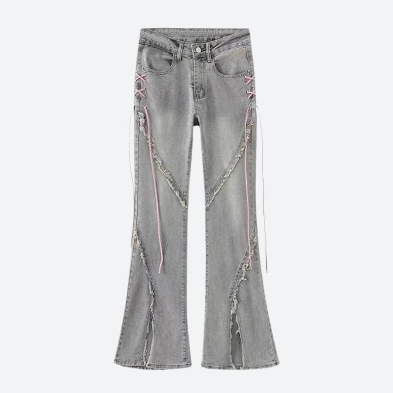 Y2K Soft Girl Lace Up Slit Flare Jeans - Retro 90s Fashion Y2K Outfits