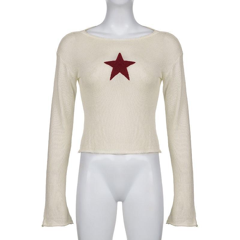 Y2K Star Embroidery Knitted Top - Retro 90s Fashion Grunge Style