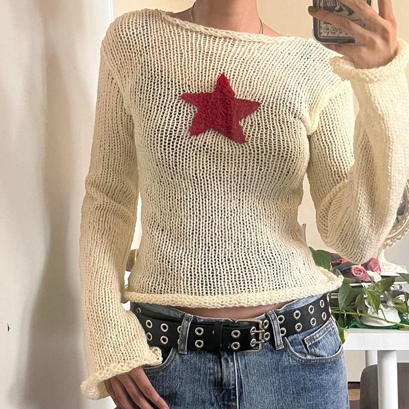 Y2K Star Embroidery Knitted Top - Retro 90s Fashion Grunge Style