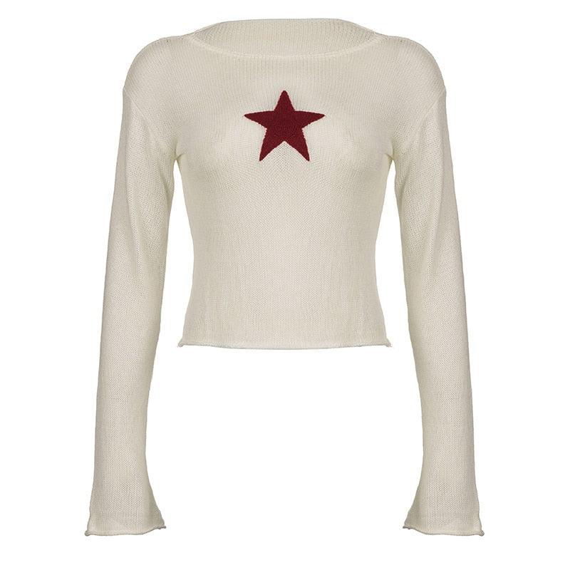 Y2K Star Embroidery Knitted Top - Retro 90s Fashion Grunge Style