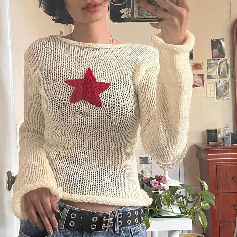 Y2K Star Embroidery Knitted Top - Retro 90s Fashion Grunge Style