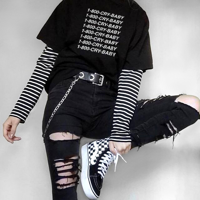 1-800-CRY-BABY T-Shirt Black - Y2K Grunge, 90s Fashion, Retro Style, Gothic Y2