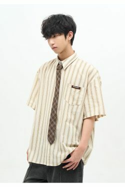 77F7GHT Striped Collar Shirt - Y2K Summer, 90s Grunge, Retro Style, Y2K Party & Club