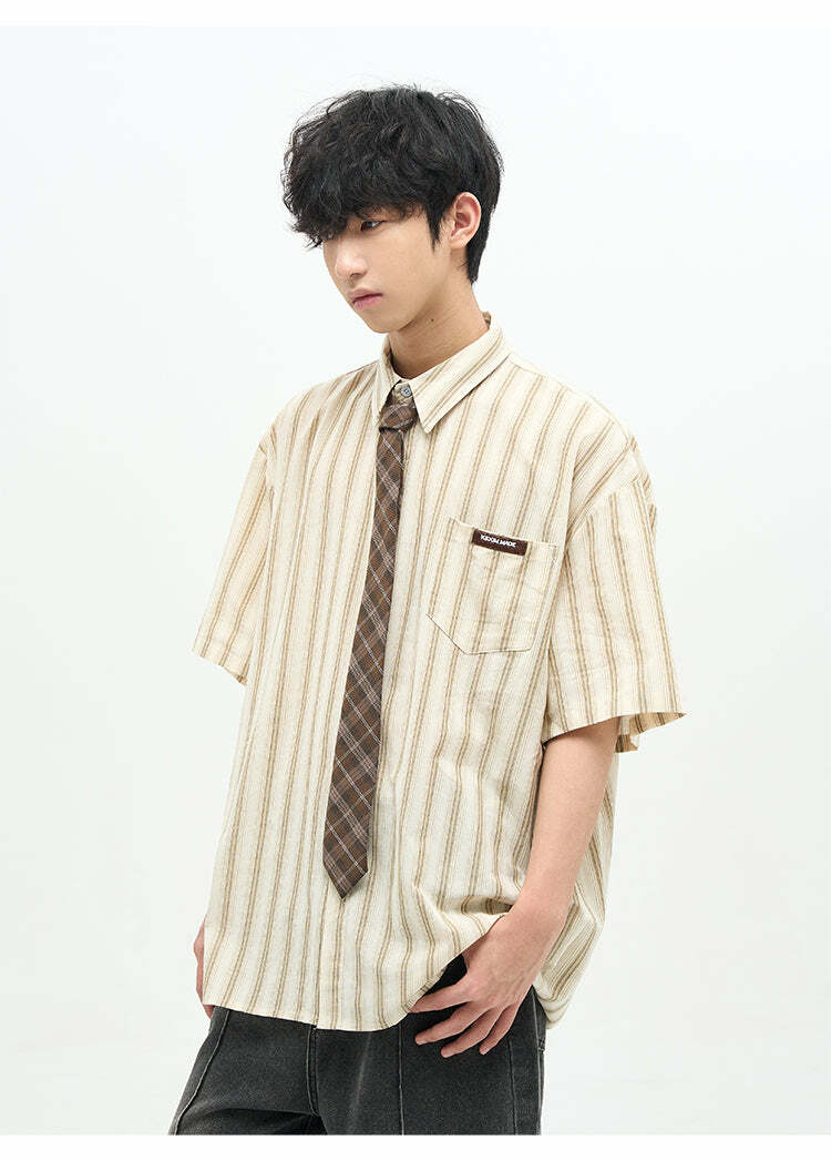 77F7GHT Striped Collar Shirt - Y2K Summer, 90s Grunge, Retro Style, Y2K Party & Club